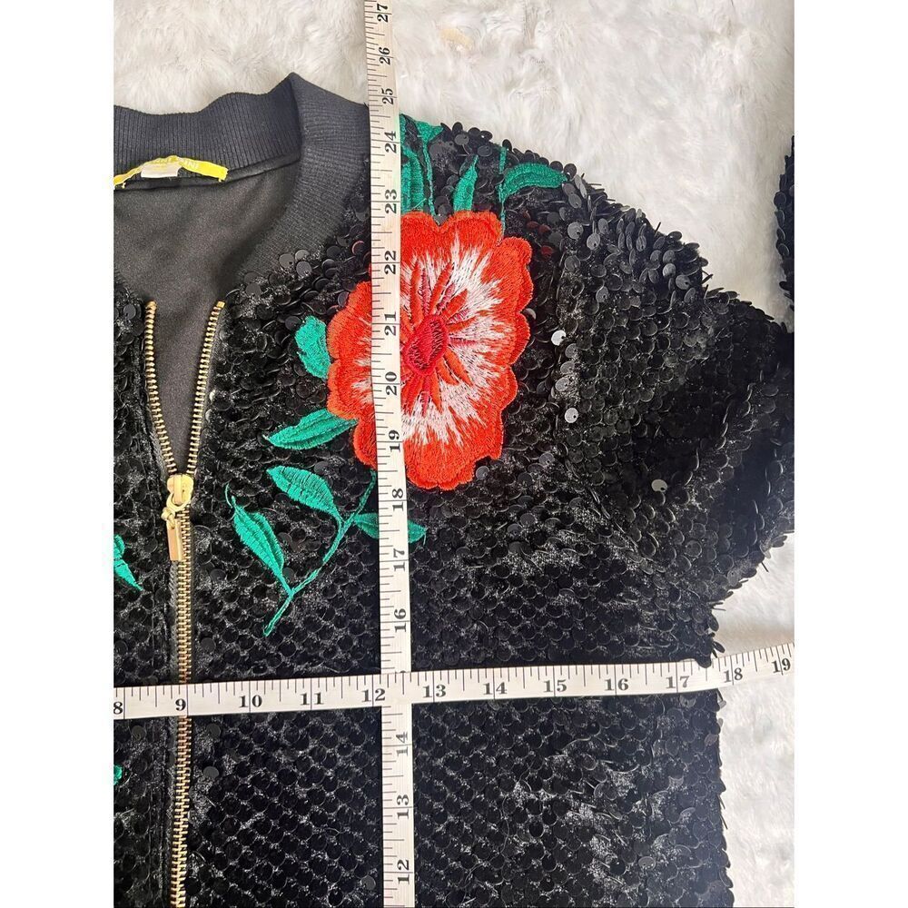 Gianni Bini Monroe Womens Black Sequin Floral Embroidered Zip Bomber Jacket XS - Picture 7 of 7